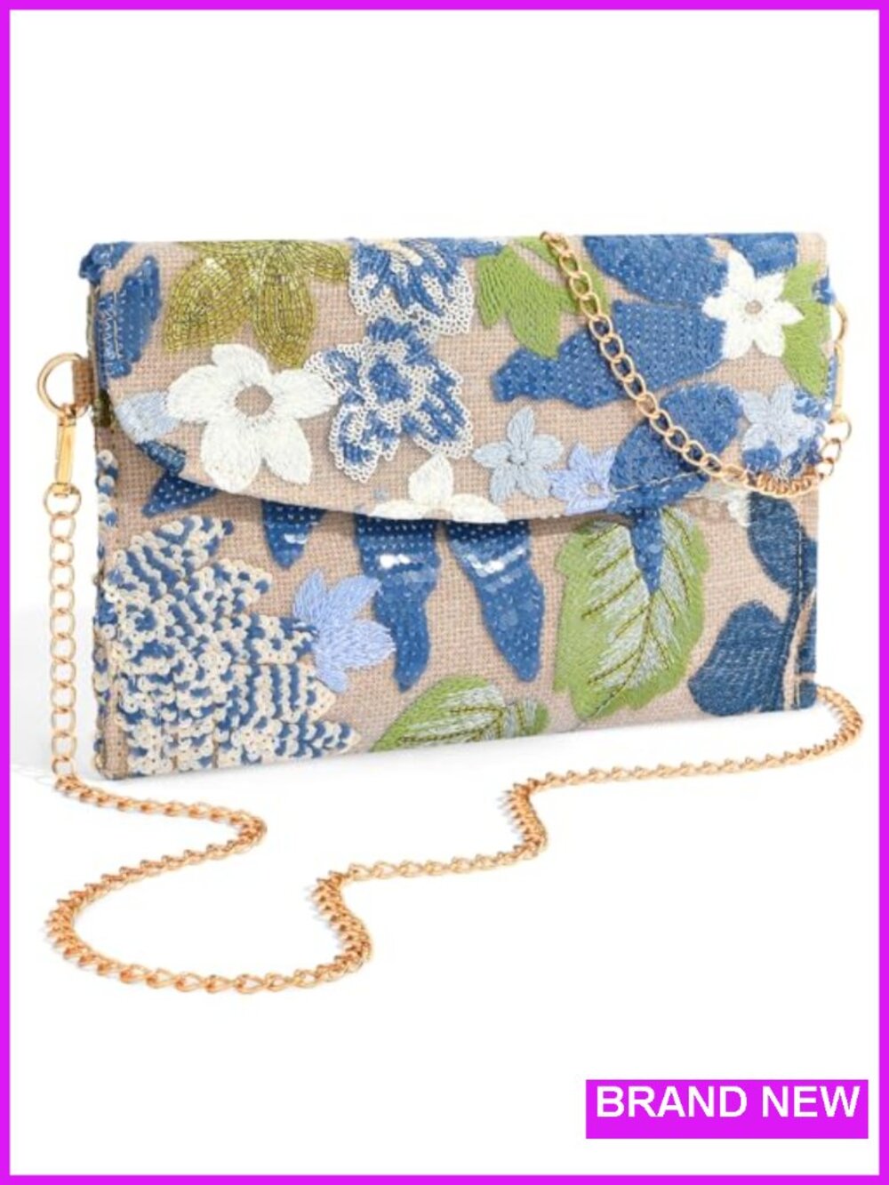Hand Embroidered Sequin Beaded Clutch with Chain - Evening Bag